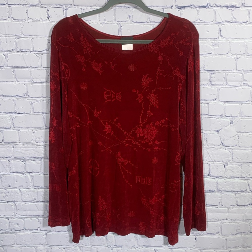 Citiknit Womens Long Sleeve Asian Print Blouse Red Size 1X Floral Cherry Blossom